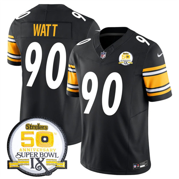 Men's Pittsburgh Steelers #90 T.J. Watt Black 2024 F.U.S.E. 50th Anniversary Of Super Bowl IX Alternate Vapor Untouchable Limited Football Stitched Jersey